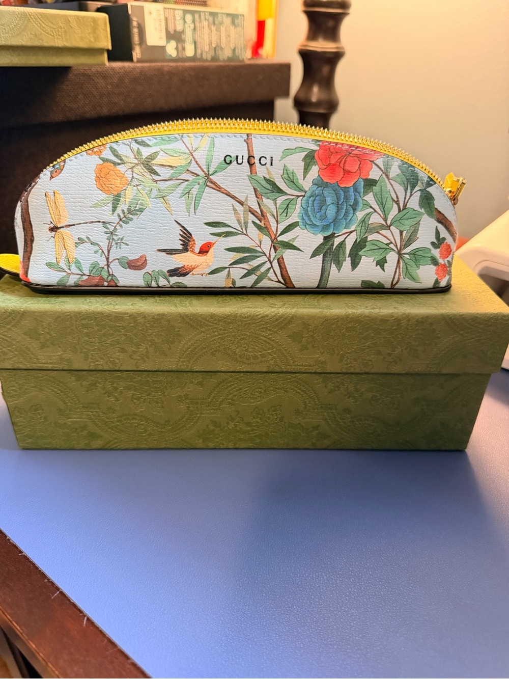 Gucci Pastel Floral & Bird Zip Pencil Case in Blue, Yellow, Red